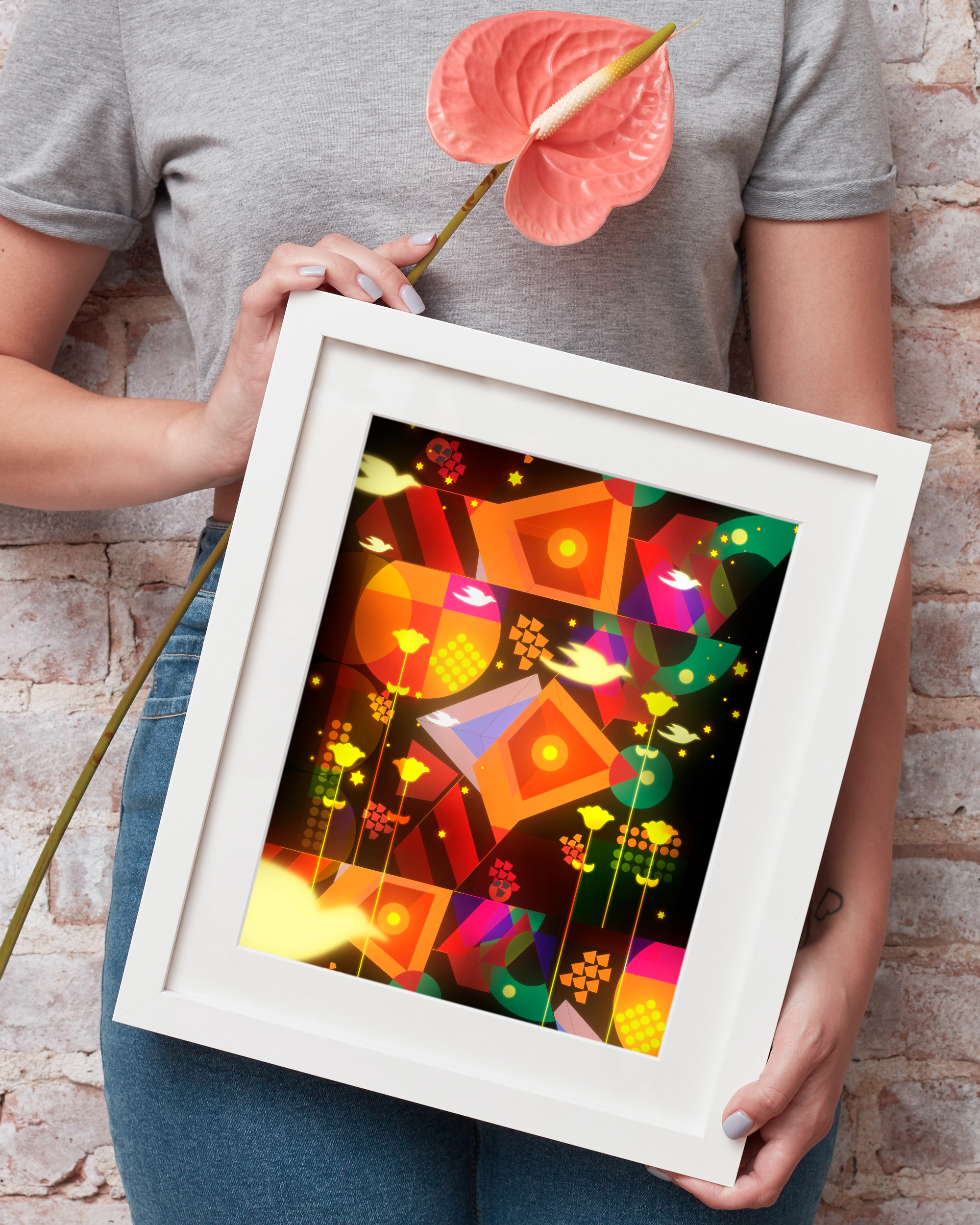 Bird King In My Garden framed wall art mockup 4 – OgruStudios digital art print