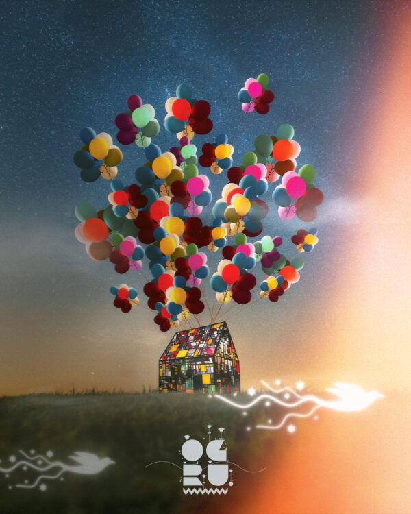 The Glasshouse Ascent – stained-glass house lifted into a starry twilight sky by colourful balloons, OgruStudios fantasy art print